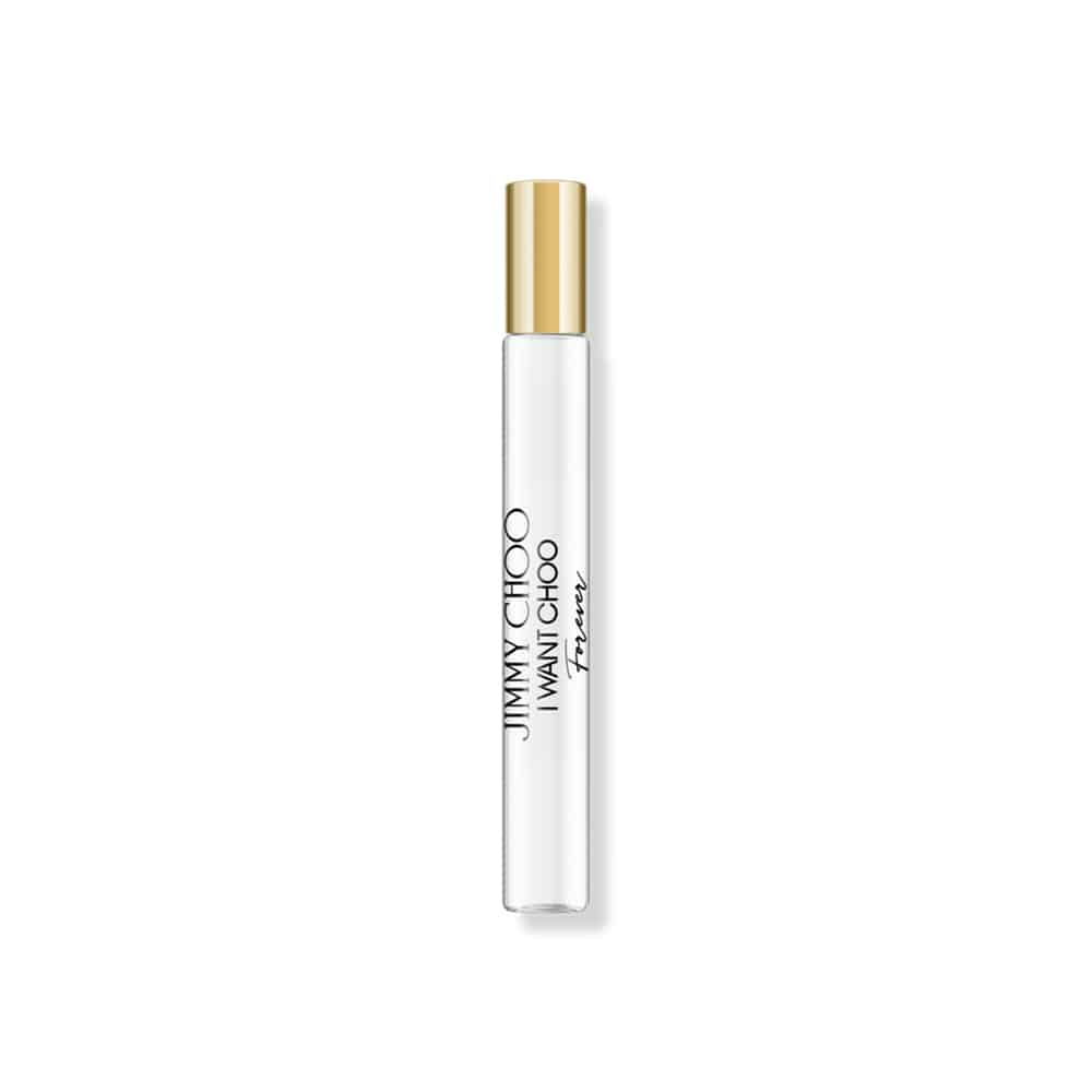 Perfume travel spray bottle with clear body and gold cap, Jimmy Choo