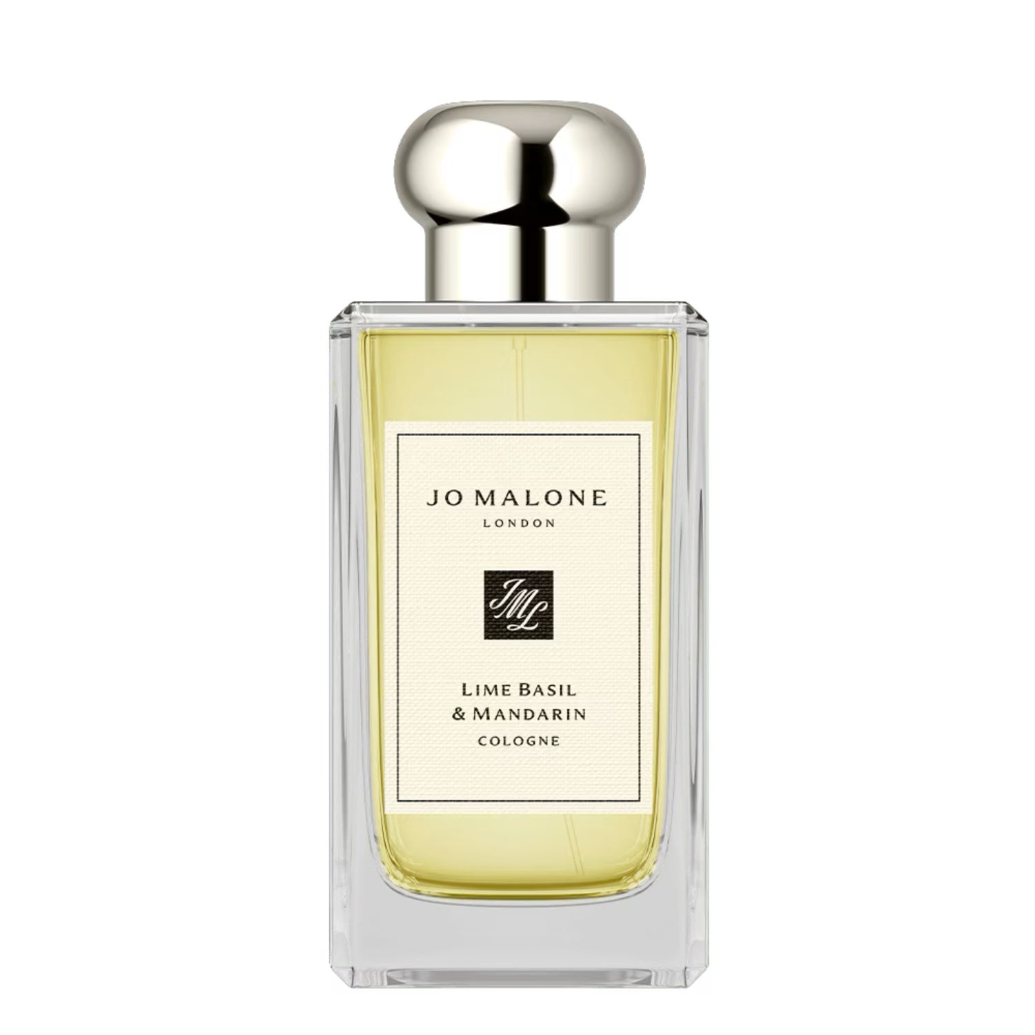 Jo Malone London Lime Basil & Mandarin cologne bottle with silver cap and light yellow liquid