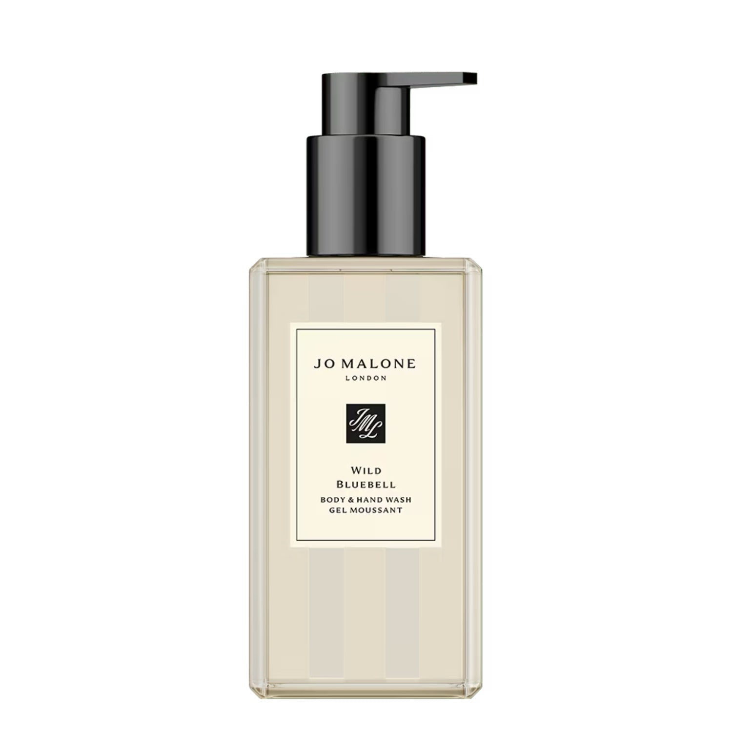 Wild Bluebell body and hand wash bottle with black pump, cream label