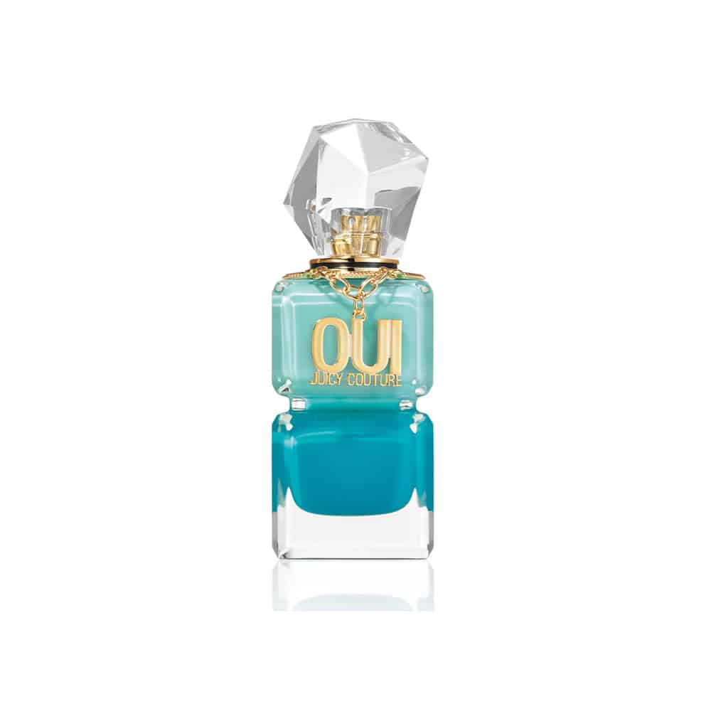 Eau de parfum spray bottle with teal glass, faceted silver cap and gold accents