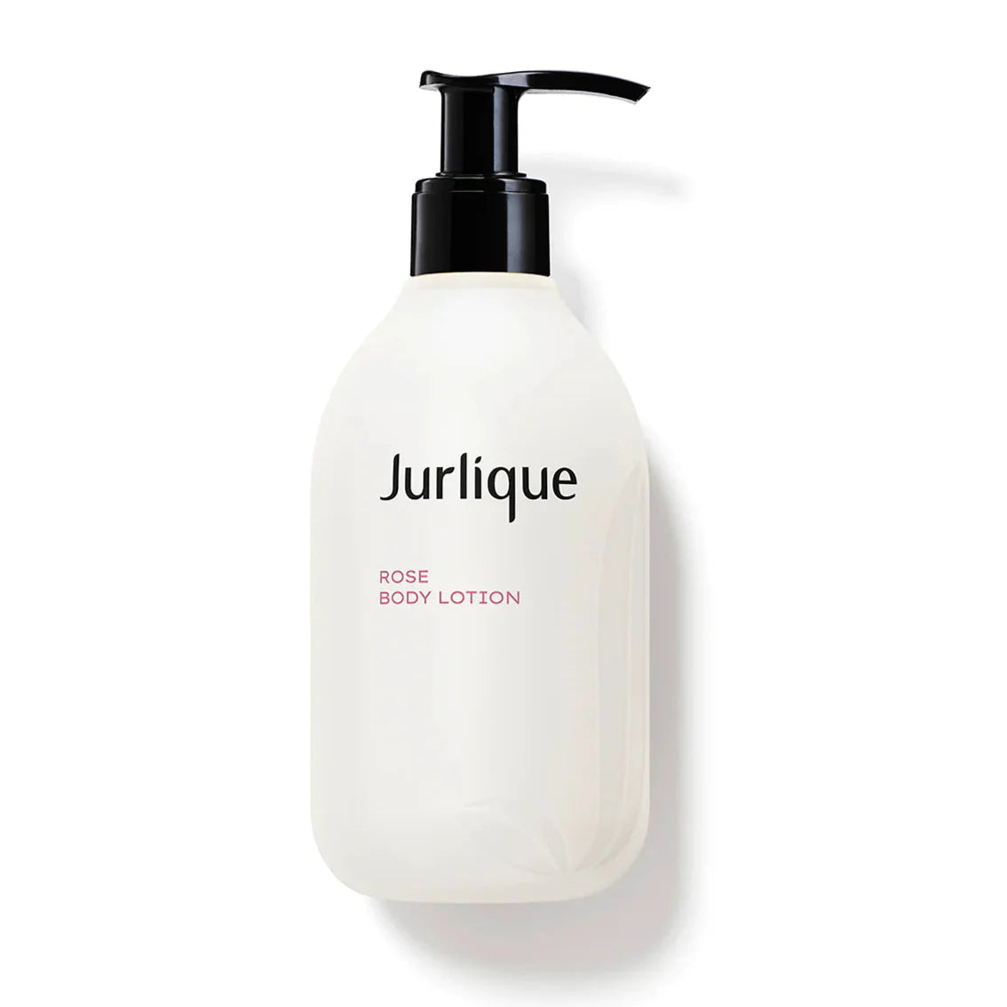 Jurlique rose body lotion pump bottle, white bottle with black dispenser and label