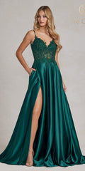 Emerald green A-line formal gown with lace bodice, spaghetti straps, thigh slit, pockets