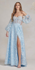 Light blue floor-length off-shoulder sweetheart gown with long puff sleeves and front slit