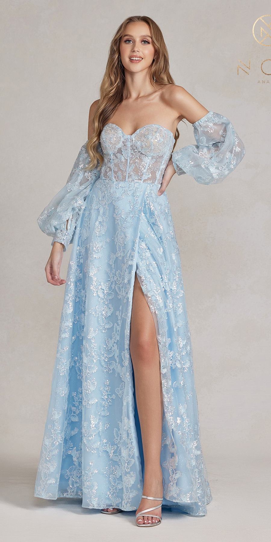 Light blue floor-length off-shoulder sweetheart gown with long puff sleeves and front slit