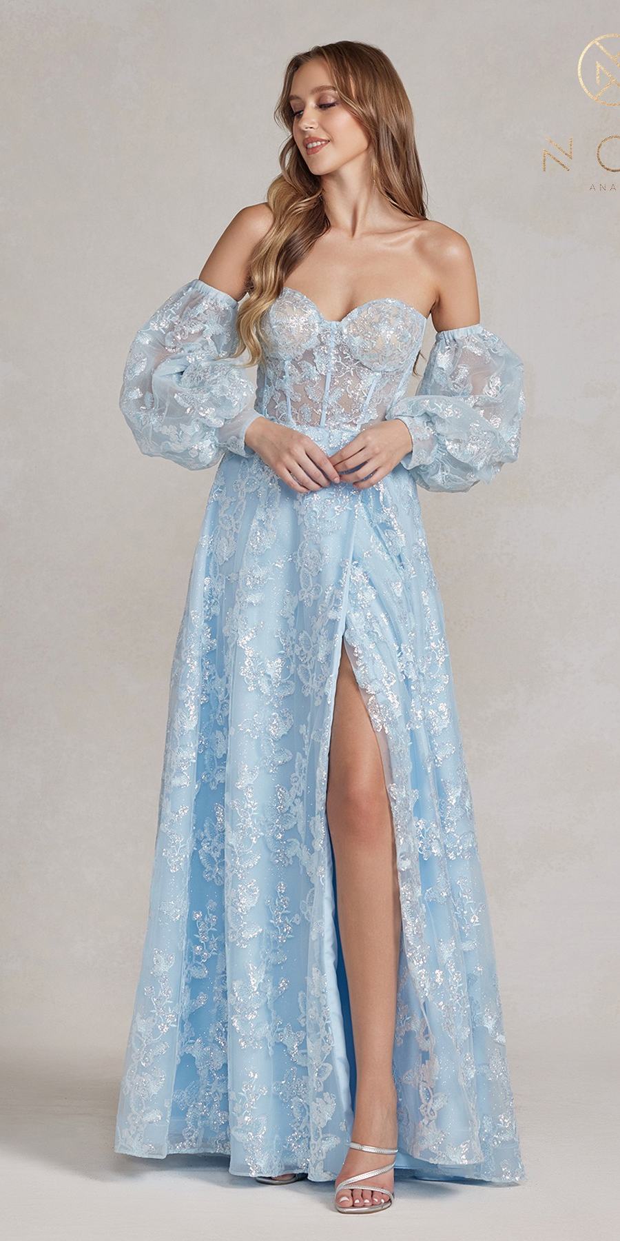 Light blue off-shoulder lace gown with long puff sleeves and high front slit
