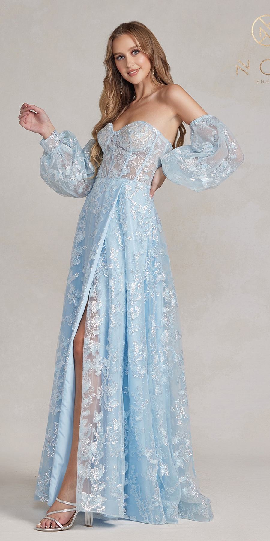 Light blue off-shoulder sweetheart gown with long puff sleeves and high front slit