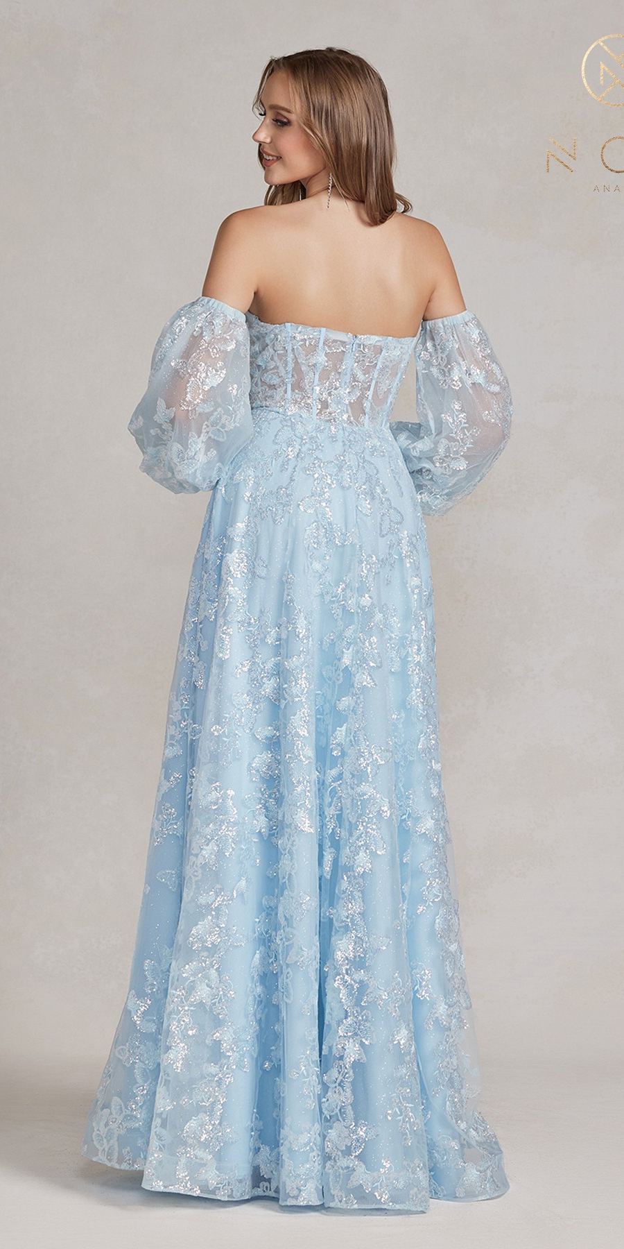 Light blue open-back off-shoulder gown with butterfly puff sleeves and full skirt