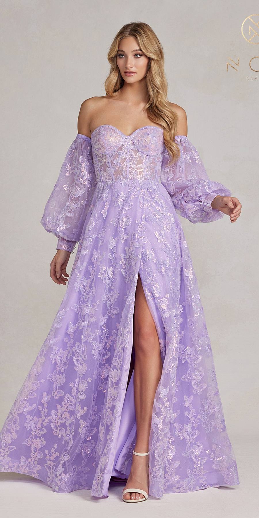 Lilac lace off-shoulder sweetheart gown with butterfly puff sleeves and leg slit