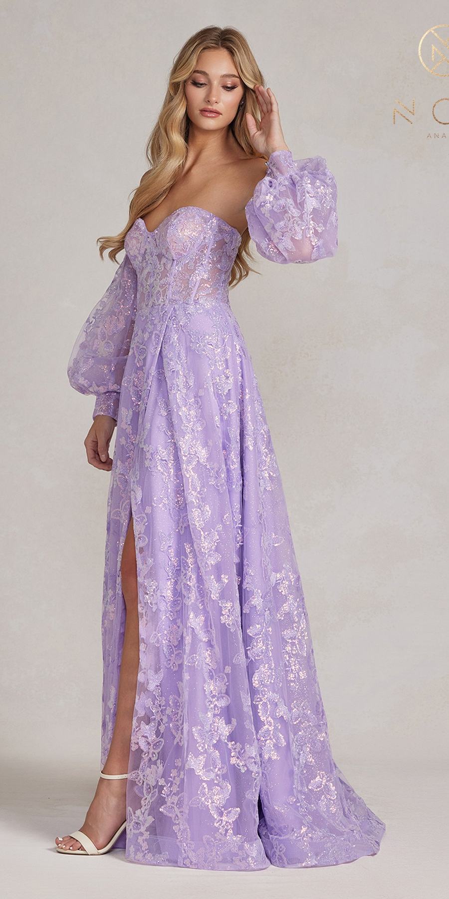 Lilac off-shoulder sweetheart gown with long puff sleeves and high front slit