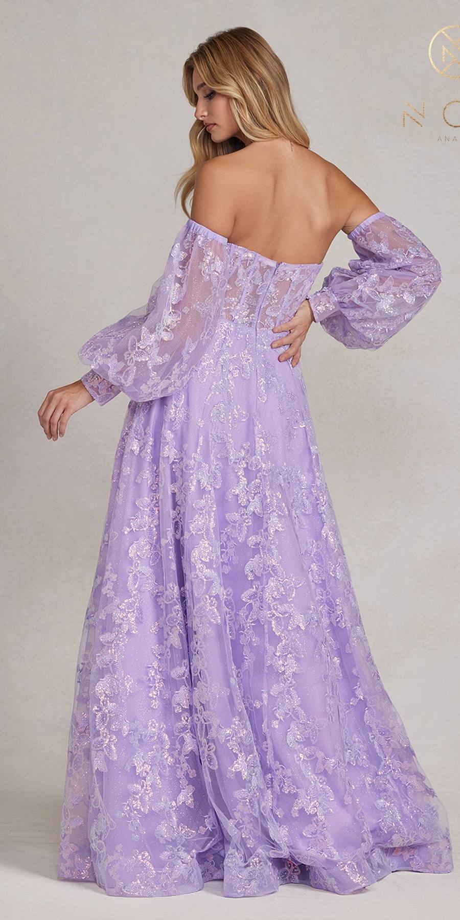 Lilac off-shoulder gown with open back, butterfly puff sleeves, and full flowing skirt