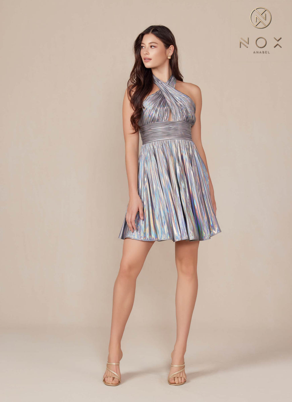Side view short halter pleated dress, silver-gray with multicolor vertical stripes