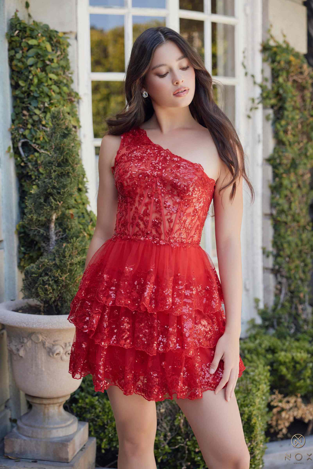 Red one-shoulder A-line embellished homecoming dress with tiered ruffles and sparkle