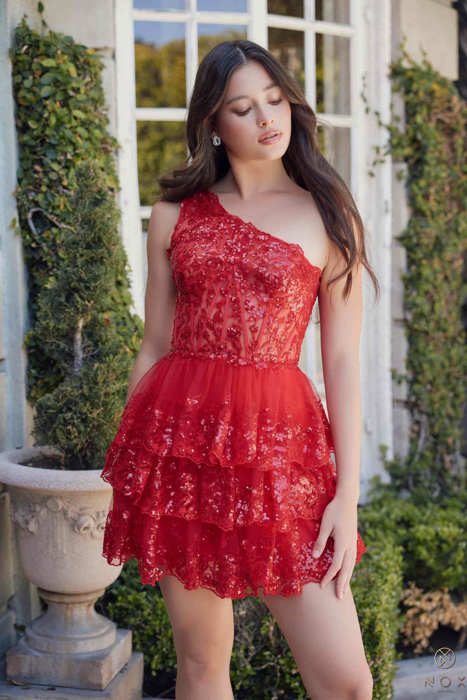 Red one-shoulder A-line embellished homecoming dress with tiered ruffles and sparkle