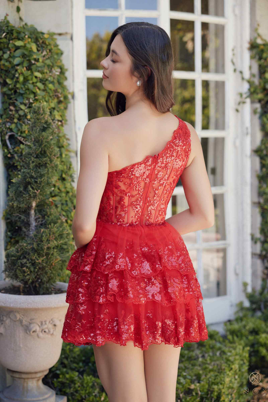 Red one-shoulder A-line embellished homecoming dress with tiered skirt detail