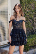 Black off-shoulder tiered A-line mini dress with lace bodice and ruffled skirt tiers