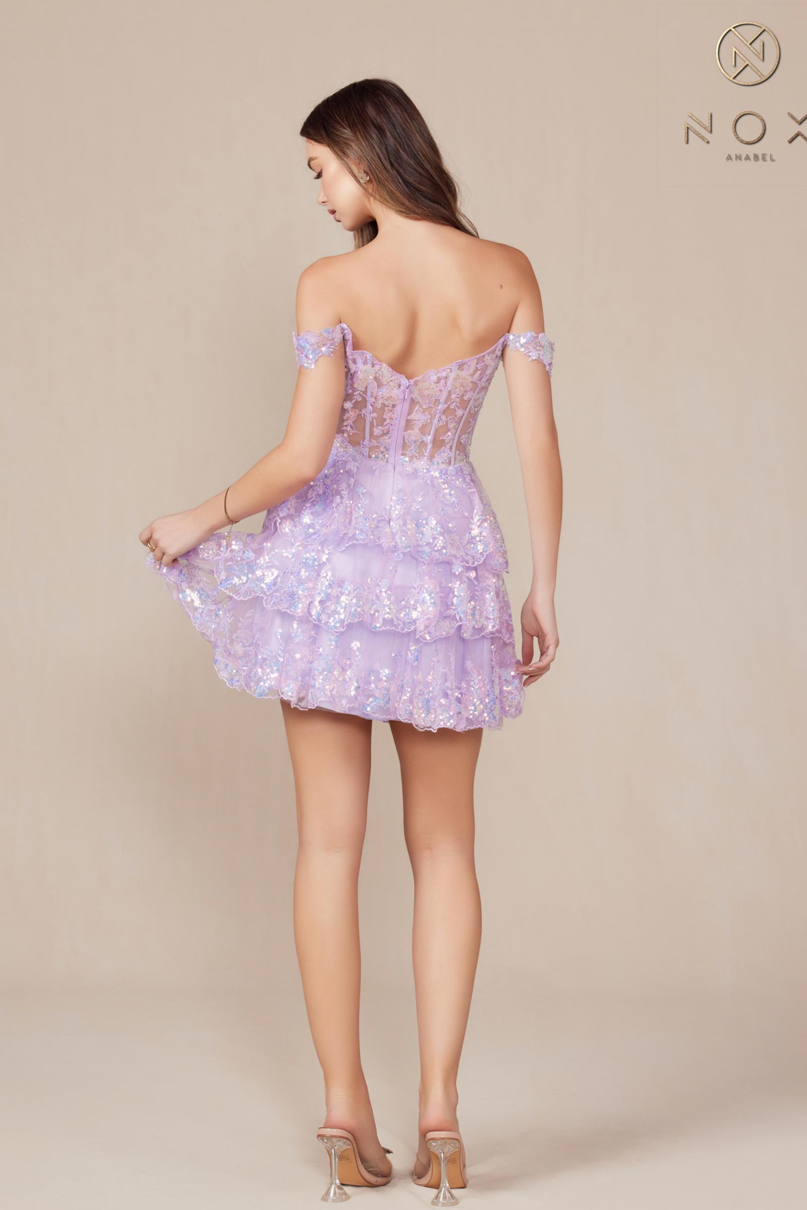 Lilac off-shoulder tiered short A-line dress with ruffled layers, back view