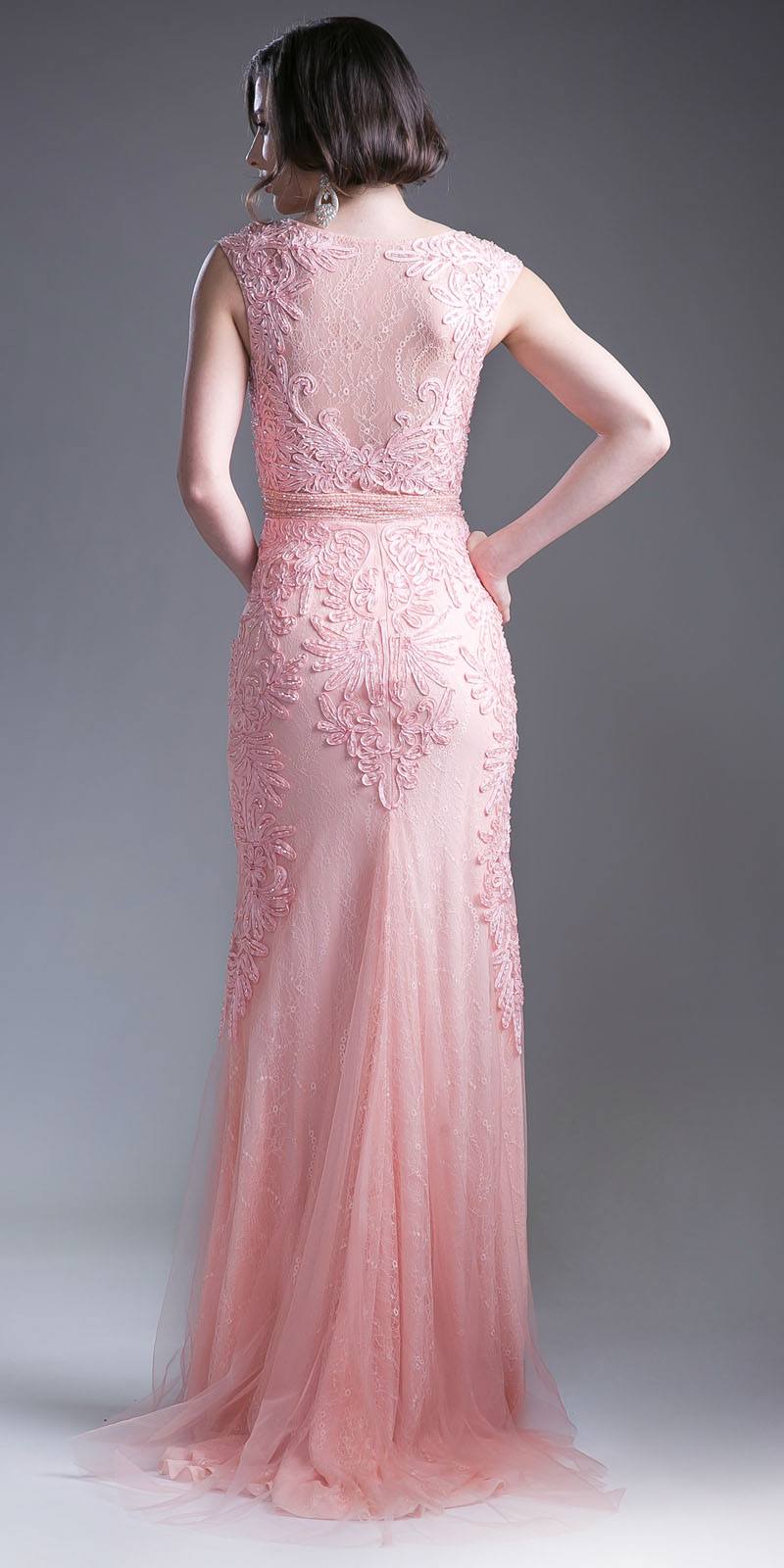 Peach fitted long lace dress with cap sleeves, open back design