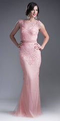 Peach fitted long lace dress with cap sleeves and illusion neckline
