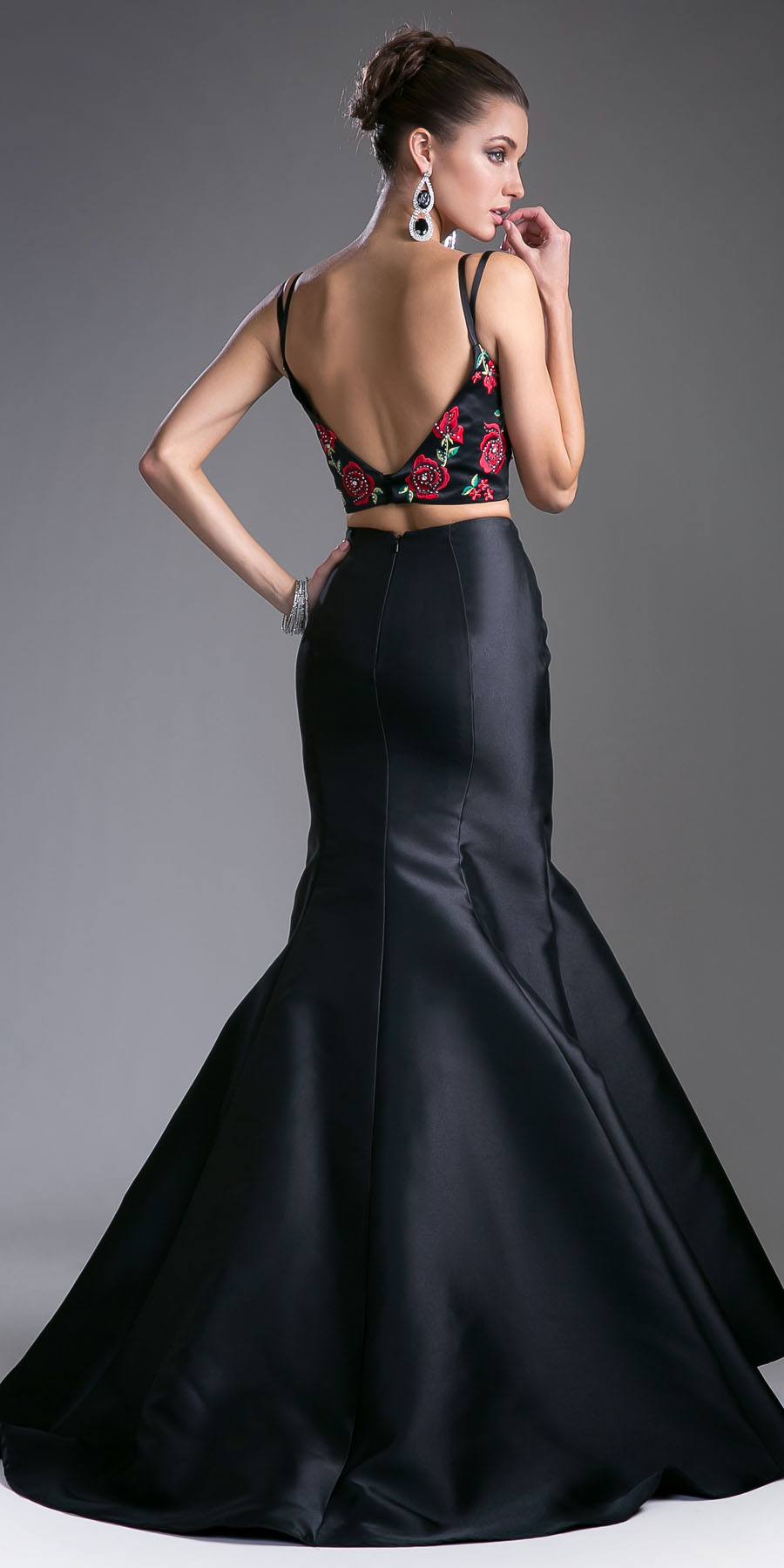 Black two-piece embroidered crop top and mermaid gown with floral racerback
