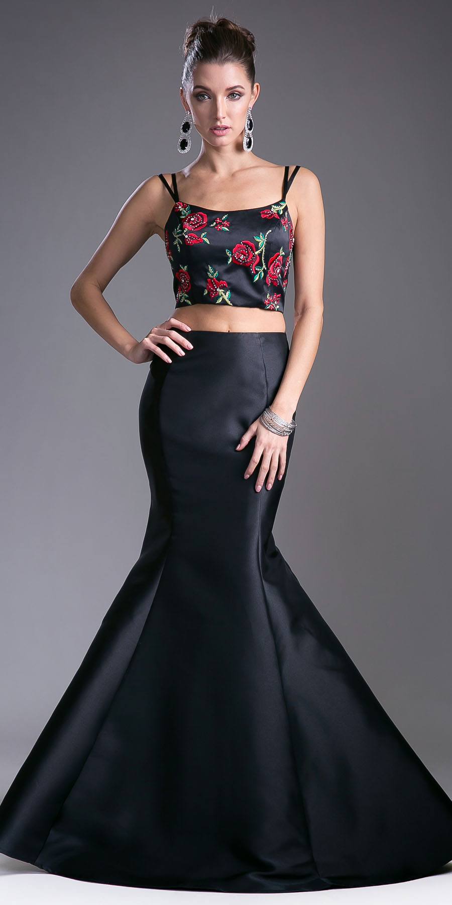 Black two-piece embroidered crop top and mermaid gown with floral bust