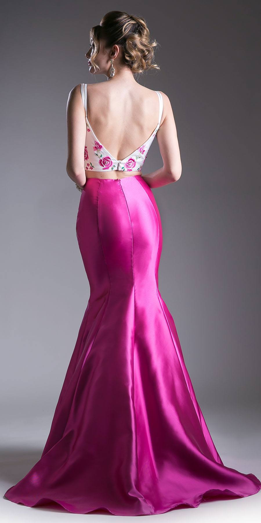 Fuchsia two-piece embroidered crop top and mermaid gown, racerback with floral trim
