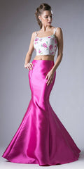 Fuchsia two-piece embroidered crop top and mermaid gown with floral trim