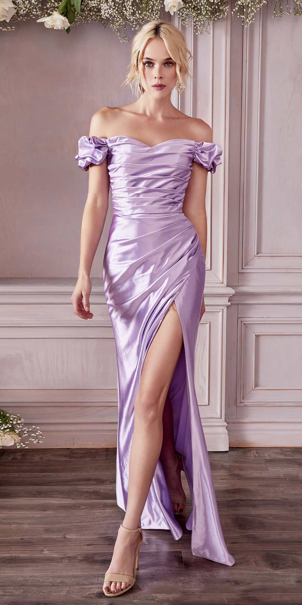 Lilac satin fitted gown with off-shoulder ruffle neckline and thigh slit