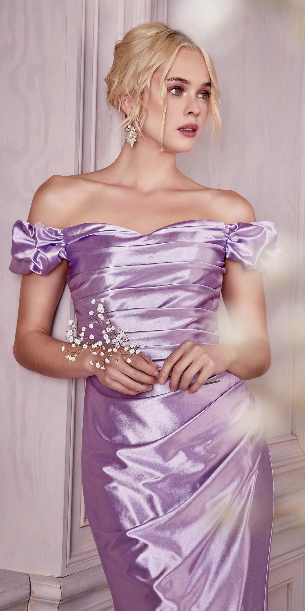 Lavender satin off-shoulder gown with ruffled sleeves and beaded waist detail