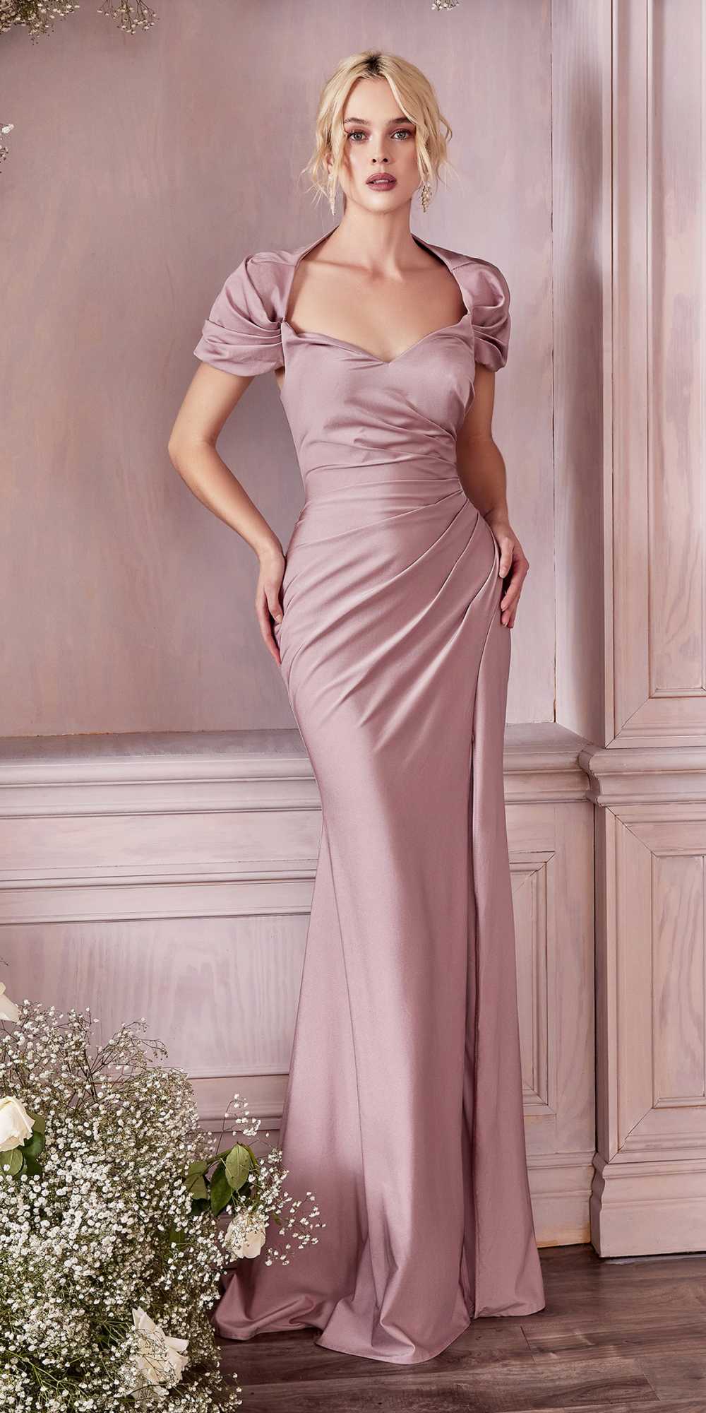 Fitted long dress with draped cap sleeves, mauve, sweetheart neckline and front slit