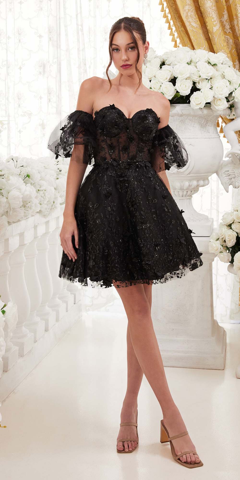 Short floral off-shoulder A-line dress in black with tulle puff sleeves