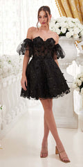 Short floral off-shoulder A-line dress in black with tulle puff sleeves
