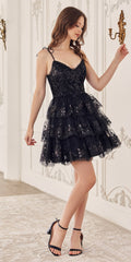 Glitter A-line ruffle short dress, black sequin print with tiered ruffle skirt