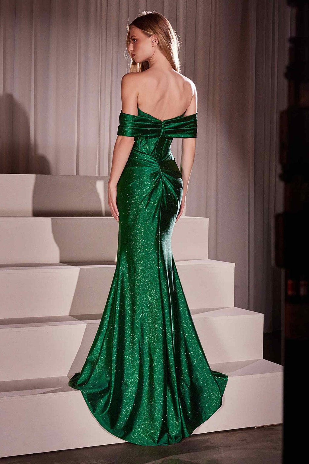 Emerald green off-shoulder glitter fitted gown with sweetheart neckline and long slit