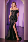 Black off-shoulder glitter fitted gown with sweetheart neckline and side slit