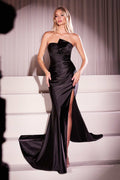 Strapless satin gown in black with ruched bodice and front slit