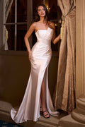 Off-white satin bridal gown, strapless fitted bodice, side slit, mermaid silhouette