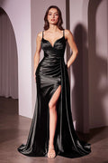 Black satin fit-and-flare gown with V-neck, spaghetti straps, and thigh slit