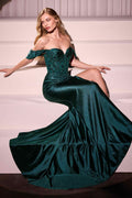 Dark teal off-shoulder sweetheart prom dress with corset bodice and dramatic side slit