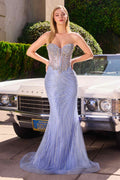 Blue strapless sweetheart mermaid gown with shimmering crystal beadwork and fitted waist