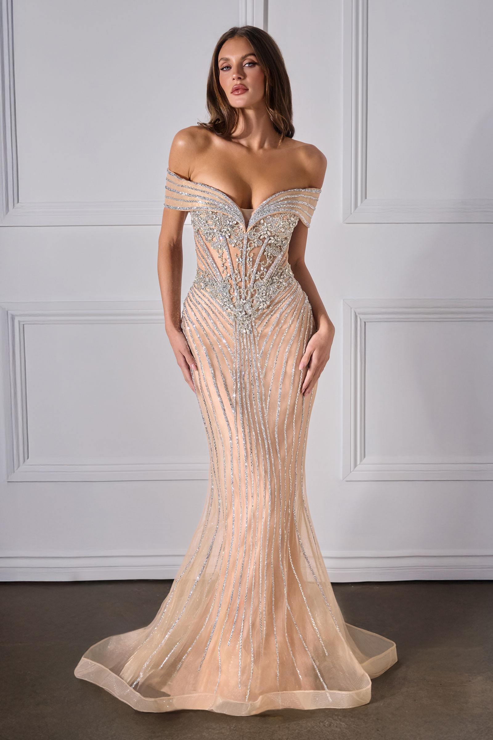 Champagne mermaid gown with off-shoulder sparkle bodice and flared tulle skirt
