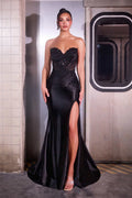 Black strapless sweetheart evening gown with beaded bodice and thigh-high front slit