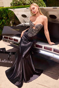 Black strapless sweetheart satin evening gown with sparkling beaded crystal bodice
