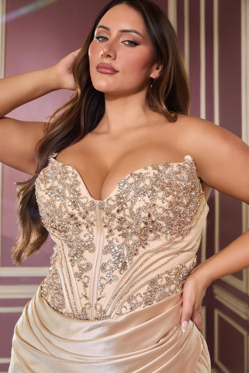 Champagne satin strapless sweetheart bodice with embellished corset and draped ruching
