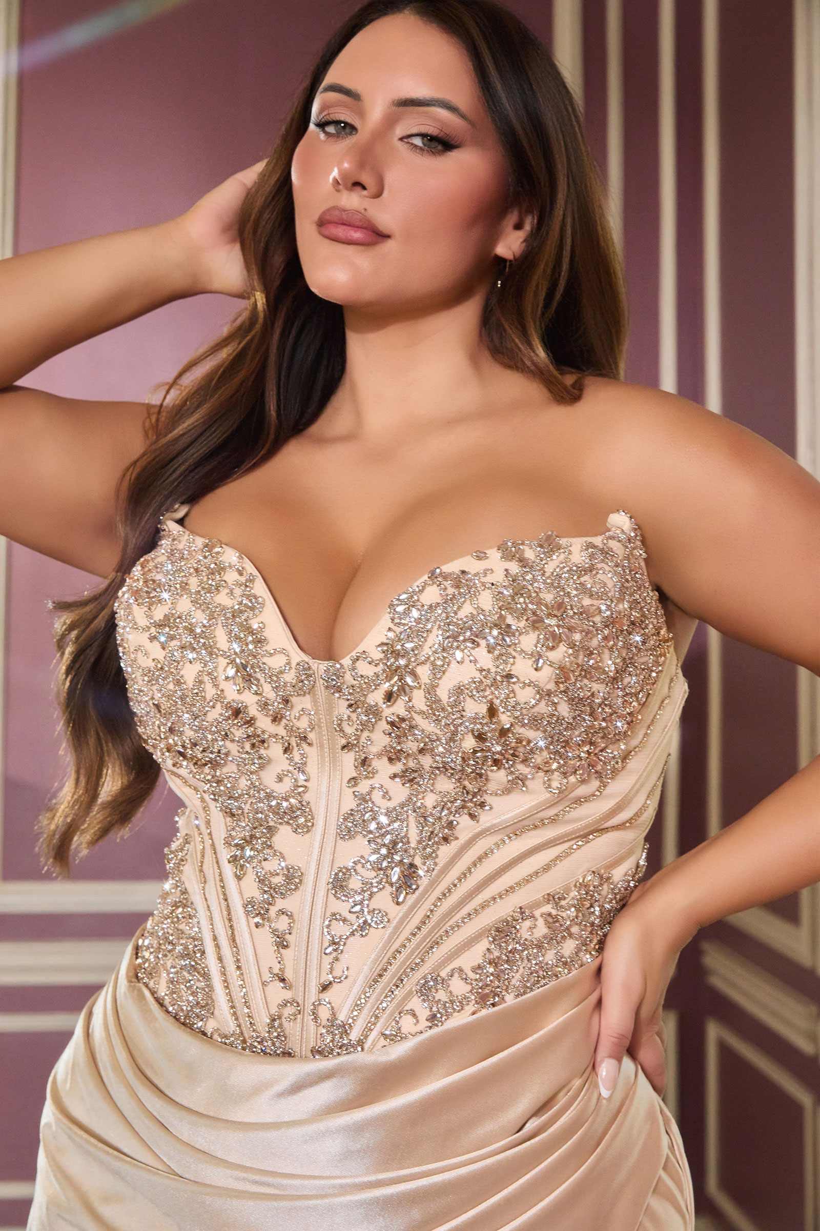 Champagne satin strapless sweetheart bodice with embellished corset and draped ruching