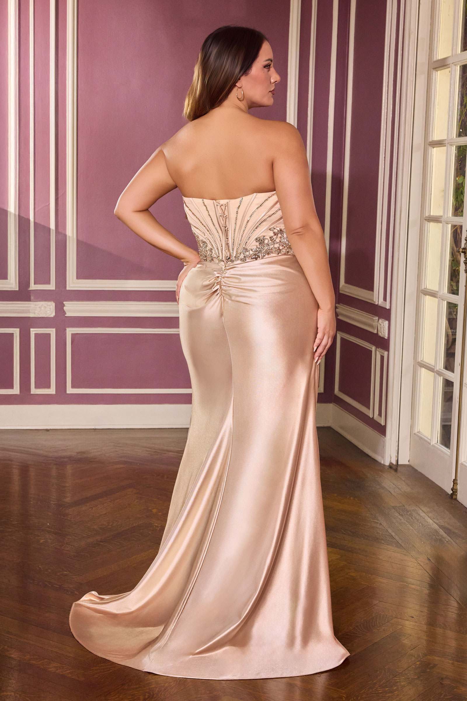 Champagne satin strapless sweetheart gown with corset back and draped ruching