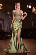 Green off-shoulder evening gown with sweetheart neckline, beaded bodice, and side slit