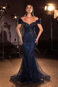 Off-shoulder navy sequin mermaid evening gown, sweetheart neckline, flared hem