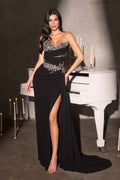 Sweetheart beaded strapless formal gown with thigh-high slit in black