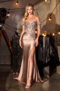 Mocha satin off-shoulder fitted gown with embellished corset bodice and thigh slit