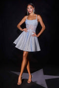 Glitter shimmer homecoming dress in silver-blue with spaghetti straps and flared skirt
